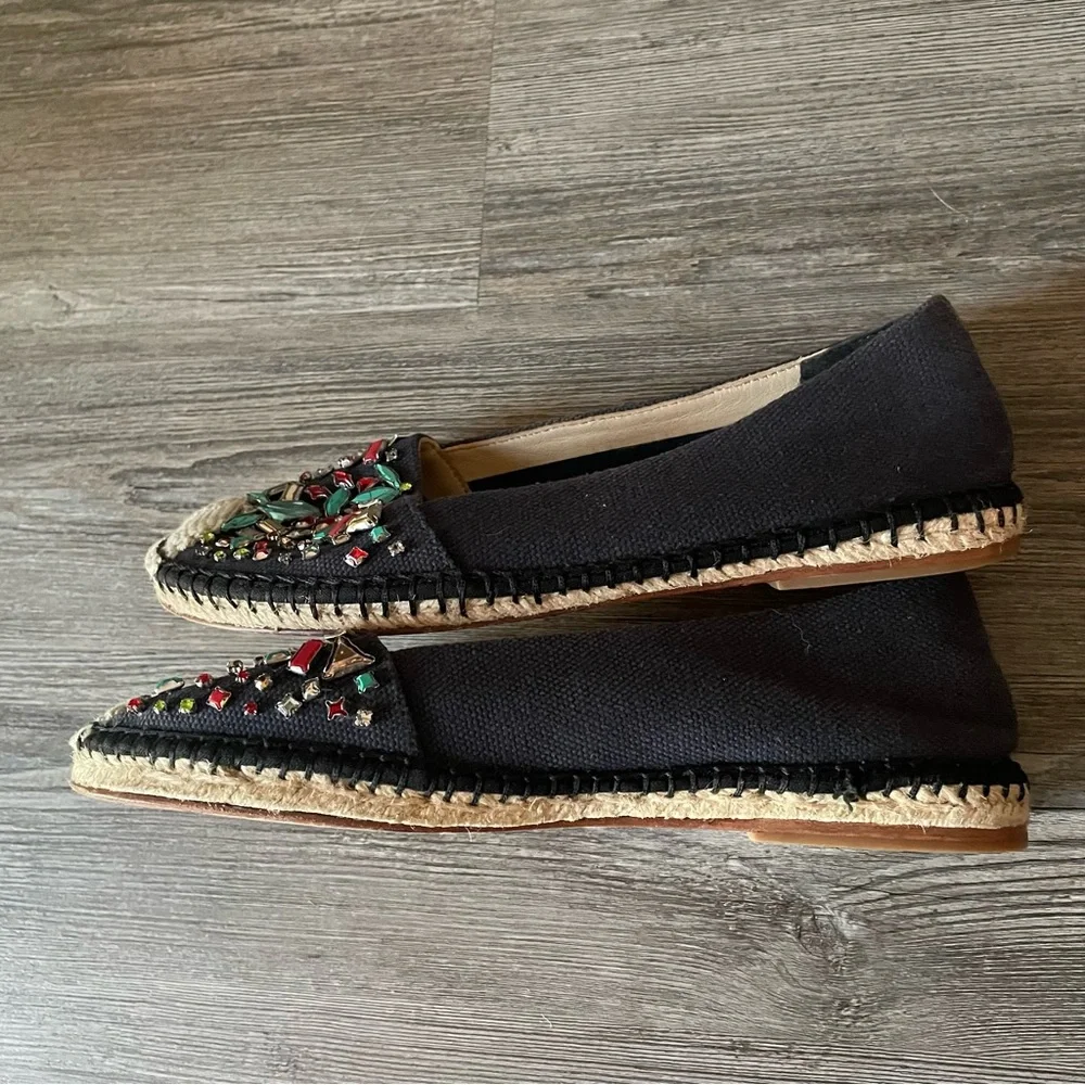 Brian Atwood Hardesty Navy Blue Jeweled Espadrilles Flats Shoes 6.5